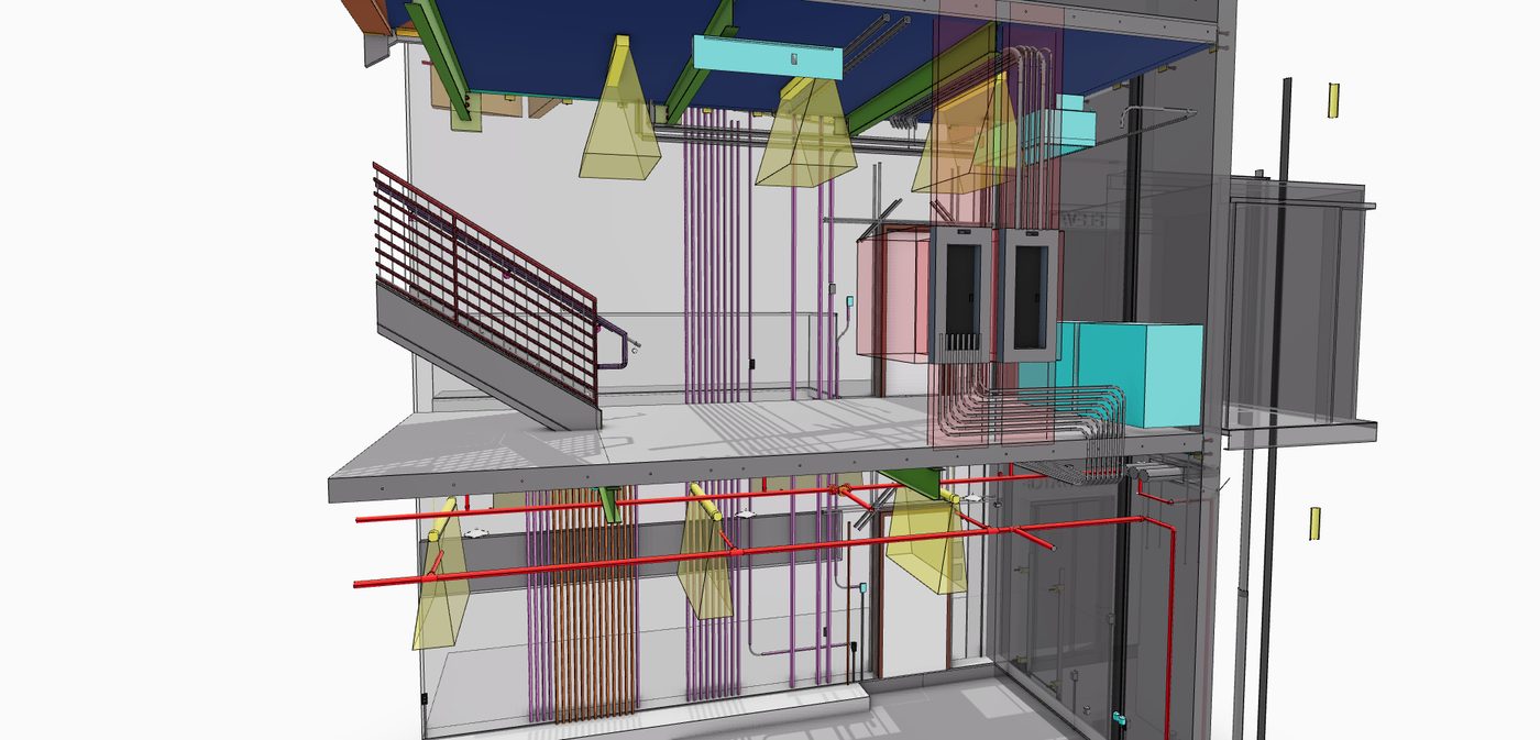 Coordinated BIM model of an electrical room with conduit, cable tray and ductwork